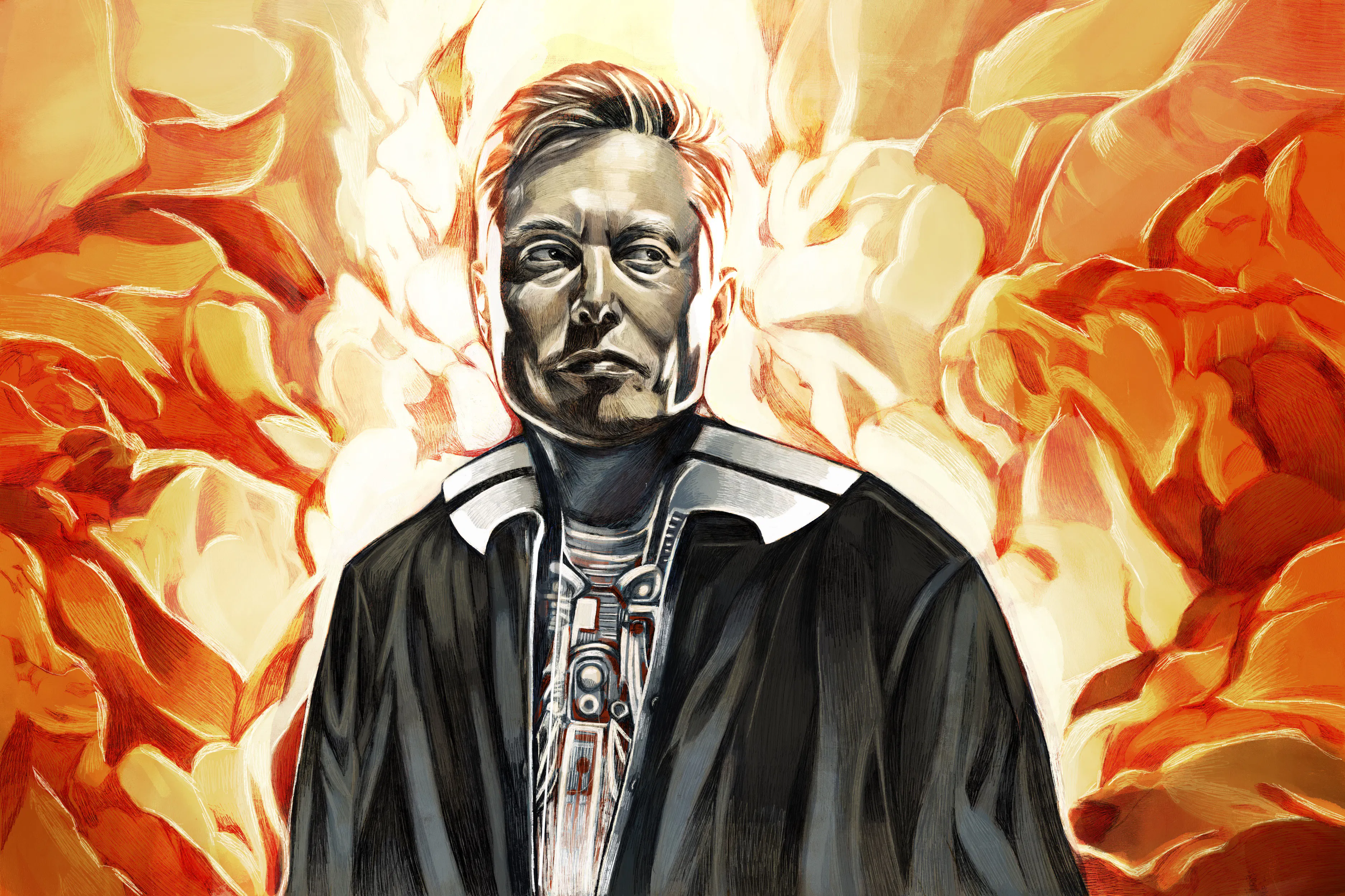 An illustration of Elon Musk with a tech overlord style black coat with a background of flames or explostion 