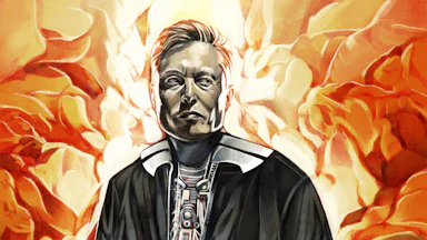 An illustration of Elon Musk with a tech overlord style black coat with a background of flames or explostion