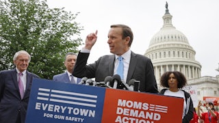 Sen. Chris Murphy addresses a rally with fellow Senate Democrats and gun control advocacy groups outside the U.S. Capitol on May 26.