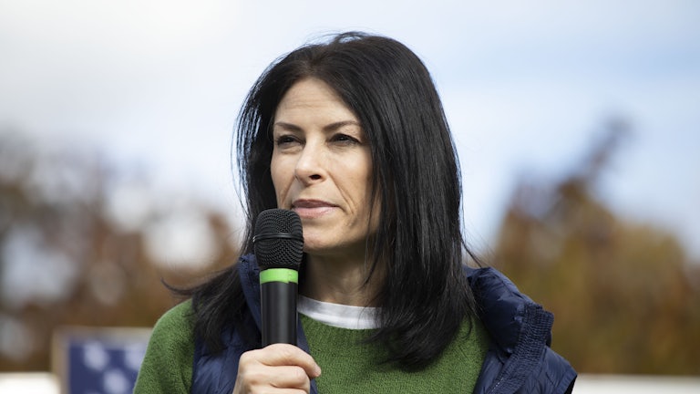 Michigan Attorney General Dana Nessel speaks outside with a microphone in hand