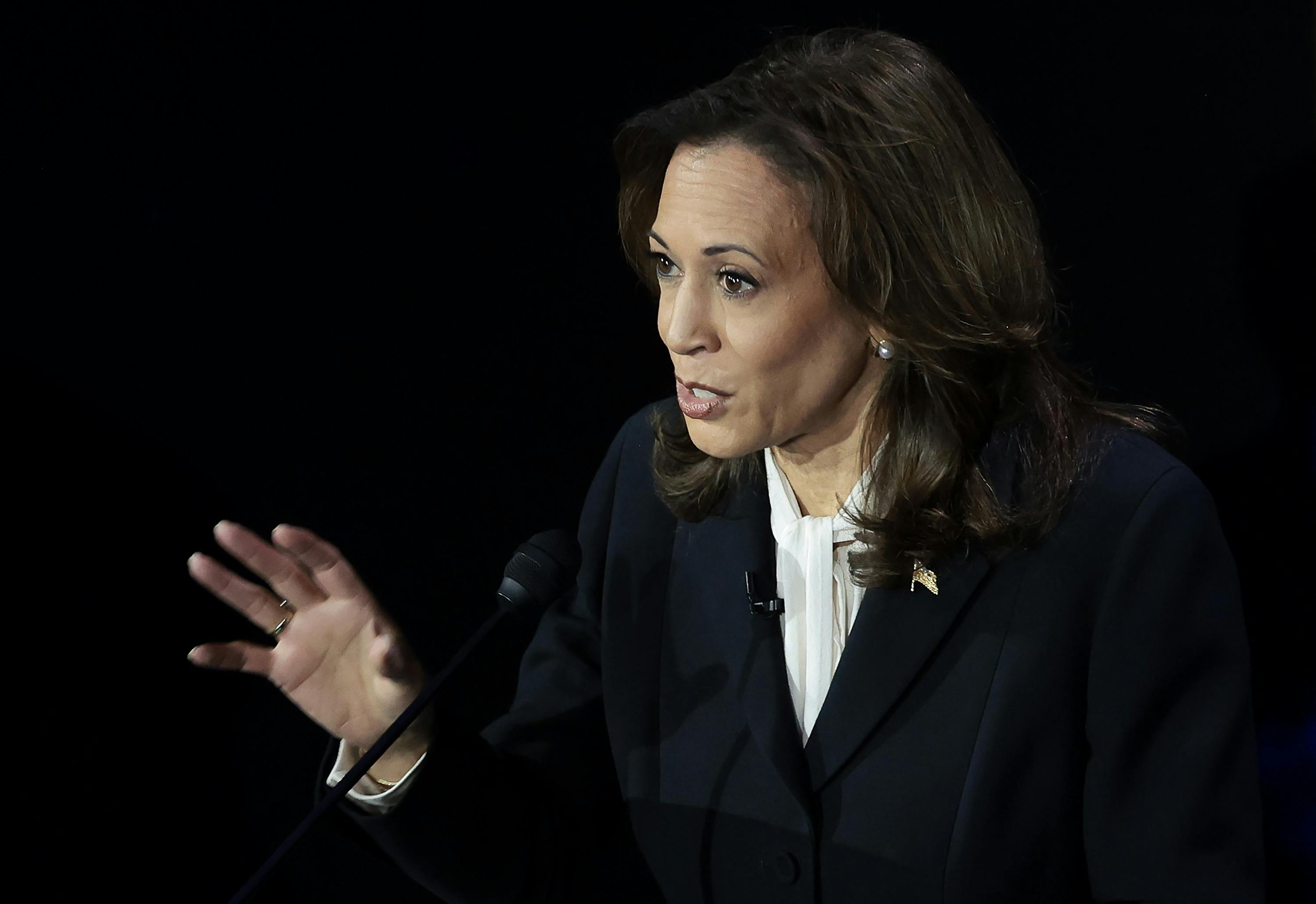 Kamala Harris holds one hand up while talking.