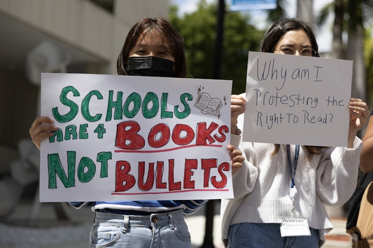 Students from the Miami-Dade County Public Schools School for Advanced Studies–Wolfson campus protest during a statewide walkout on April 21.