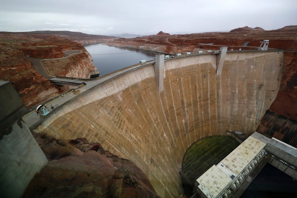 Glen Canyon Dam at Lake Powell, a man-made reservoir along the Colorado River in Utah.