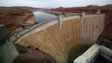 Glen Canyon Dam at Lake Powell, a man-made reservoir along the Colorado River in Utah.