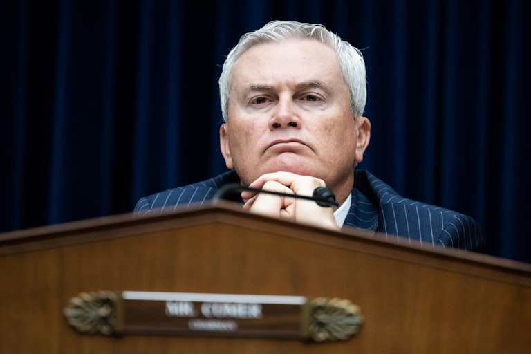 James Comer rests his chin on his hands during a House Oversight Committee hearing