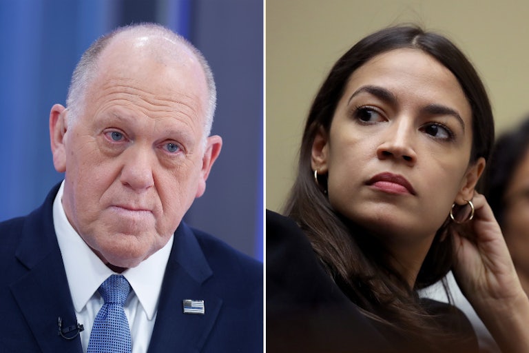 Tom Homan and Alexandria Ocasio-Cortez splitscreen