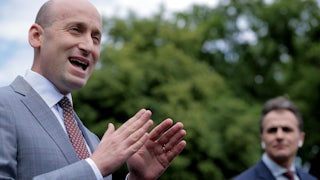 White House Deputy Chief of Staff Stephen Miller talks to reporters.