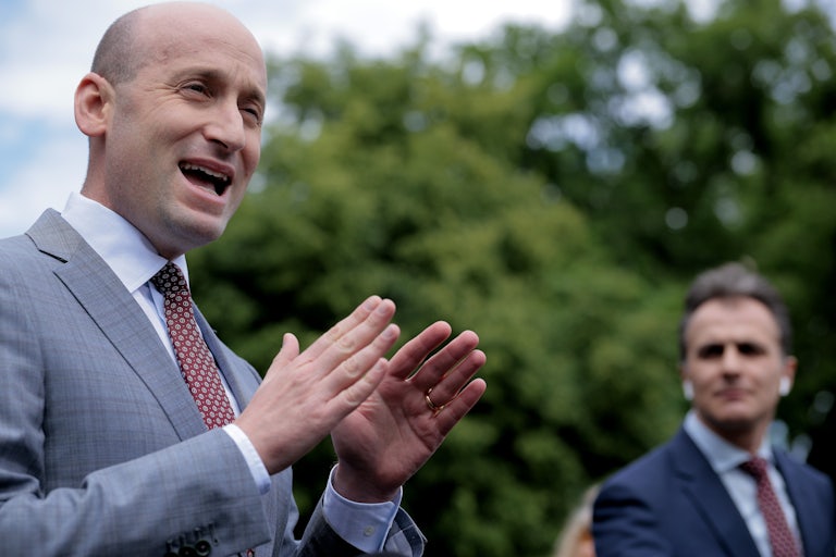 White House Deputy Chief of Staff Stephen Miller talks to reporters about recent federal court rulings on immigration, calling them part of a “judicial coup” against the administration of President Donald Trump.