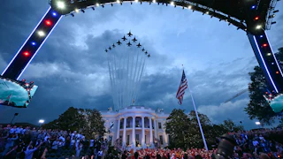 Military jets perform a flyover at Donald Trump's birthday UFC fight at the White House