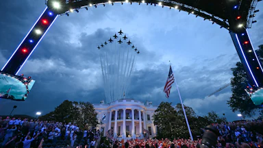 Military jets perform a flyover at Donald Trump's birthday UFC fight at the White House
