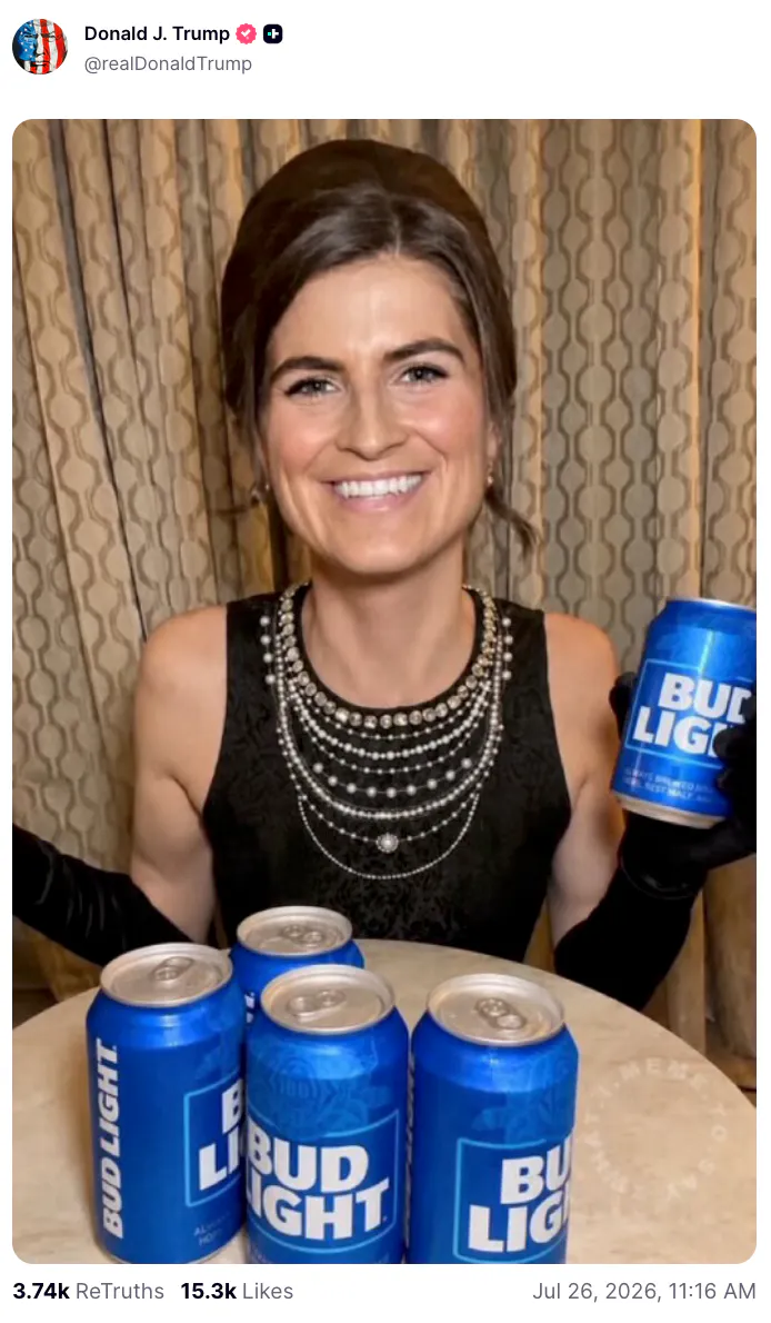 Trump Truth Social post of Kaitlan Collins' face spliced on Dylan Mulvaney's near some Bud Light cans