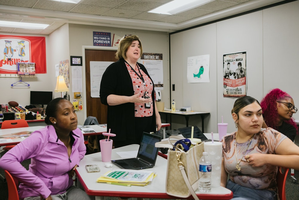 Social studies teacher Shannon Salter gives feedback after listening to a final Senior presentation at a public high school in Allentown, Pennsylvania.