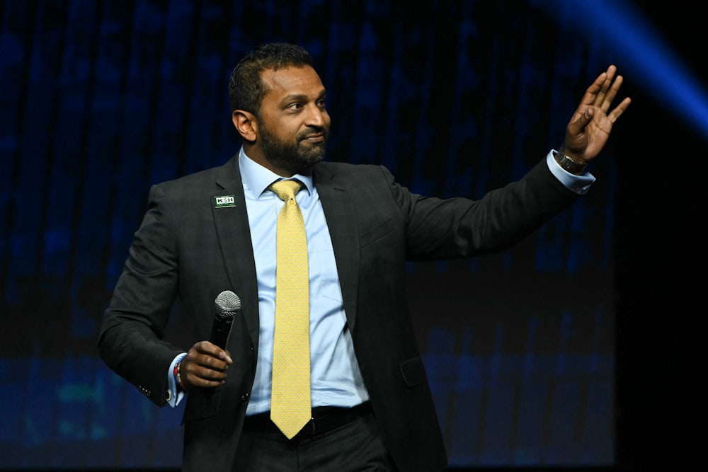 Former Chief of Staff to the United States Secretary of Defense Kash Patel speaks during a Turning Point Action 'United for Change' campaign rally.