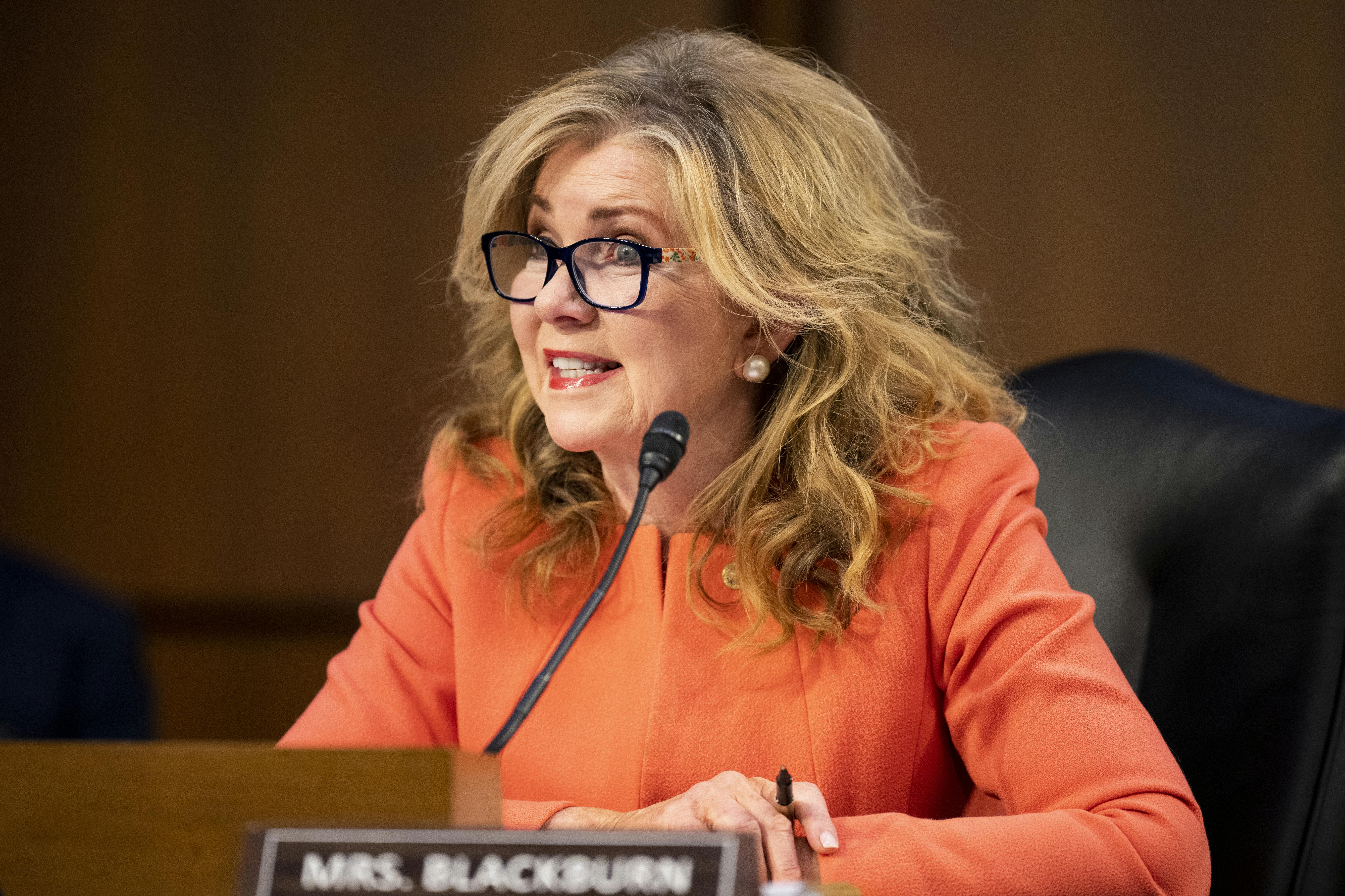 Senator Marsha Blackburn speaks at the opening day of confirmation hearings for Biden Supreme Court nominee Ketanji Brown Jackson.