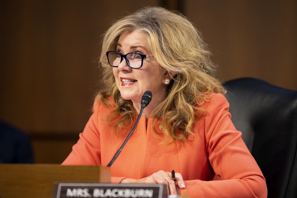 Senator Marsha Blackburn speaks at the opening day of confirmation hearings for Biden Supreme Court nominee Ketanji Brown Jackson.