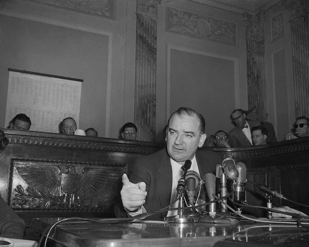 Senator Joseph R. McCarthy, chairman of the Government Committee on Operations of the Senate, comments on the latest developments in his dispute with the White House and Arm Secretary Robert T. Stevens.