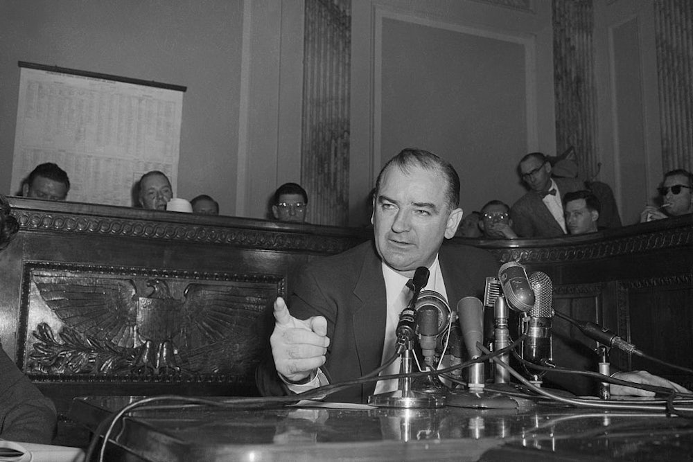 Senator Joseph R. McCarthy, chairman of the Government Committee on Operations of the Senate, comments on the latest developments in his dispute with the White House and Arm Secretary Robert T. Stevens.