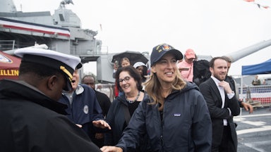 New Jersey Democratic gubernatorial candidate Mikie Sherrill on a battleship for a campaign event