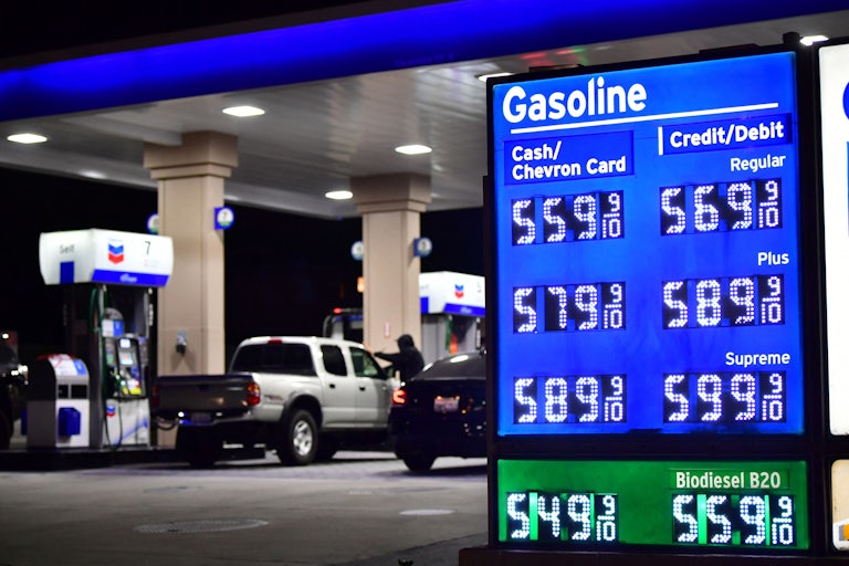 High gas prices of 5.69 9/10 per gallon are displayed at a California gas station on March 4.