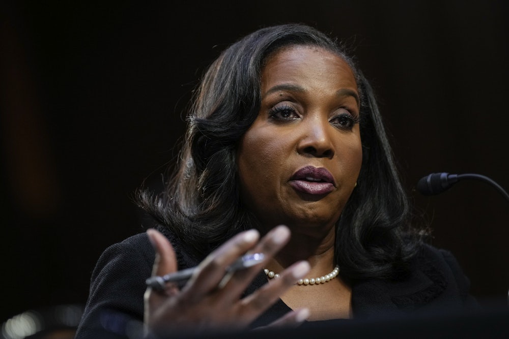 Lisa Cook testifies during a Senate Banking nominations hearing.