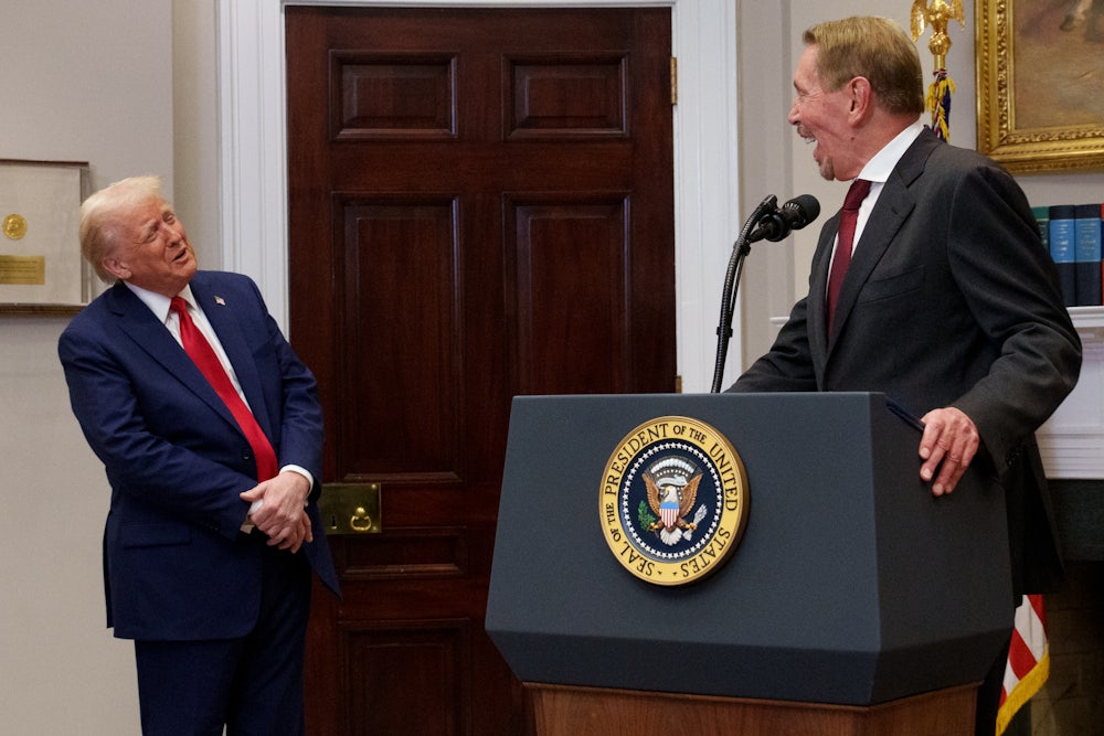 Larry Ellison leans back and smiles as he looks at Trump while speaking at the White House