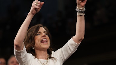 Rep. Nancy Mace shouts as President Trump arrives to address a joint session of Congress
