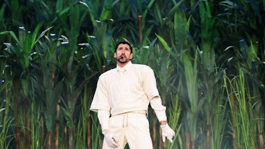 Bad Bunny performs during the Super Bowl LX halftime show