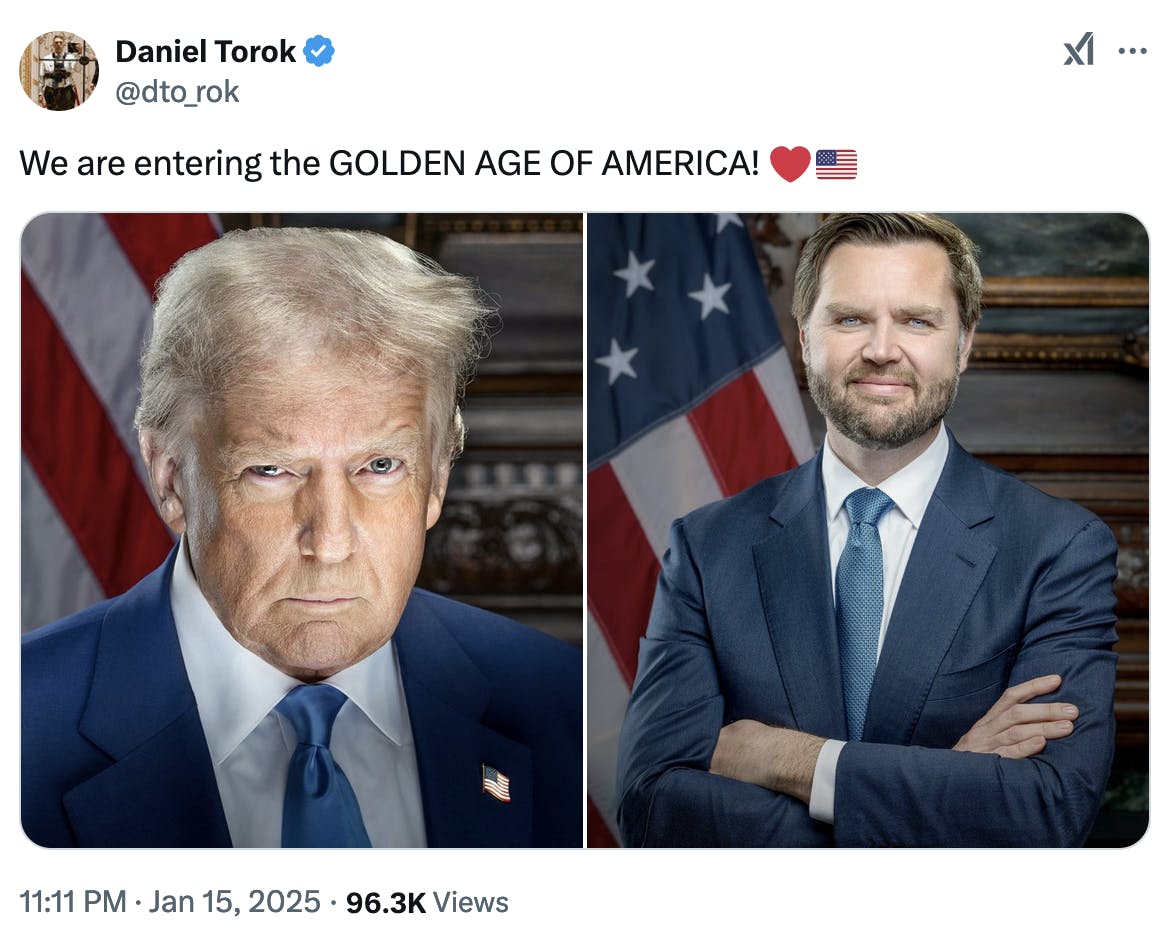 X screenshot Daniel Torok @dto_rok We are entering the GOLDEN AGE OF AMERICA! ❤️🇺🇸 [potraits side by side]