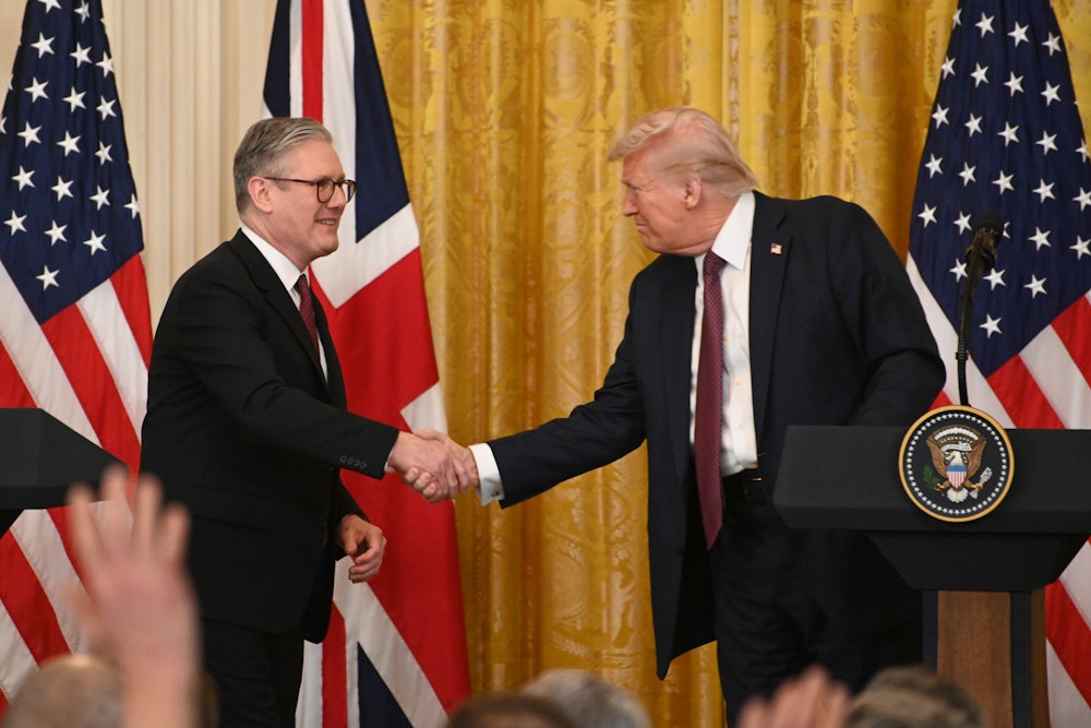 UK Prime Minister Keir Starmer and President Donald Trump shake hands during a joint press conference in the East Room at the White House.