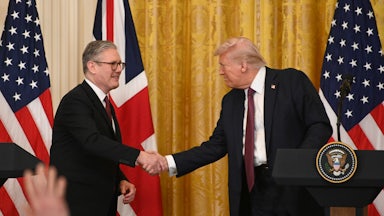 UK Prime Minister Keir Starmer and President Donald Trump shake hands during a joint press conference in the East Room at the White House.