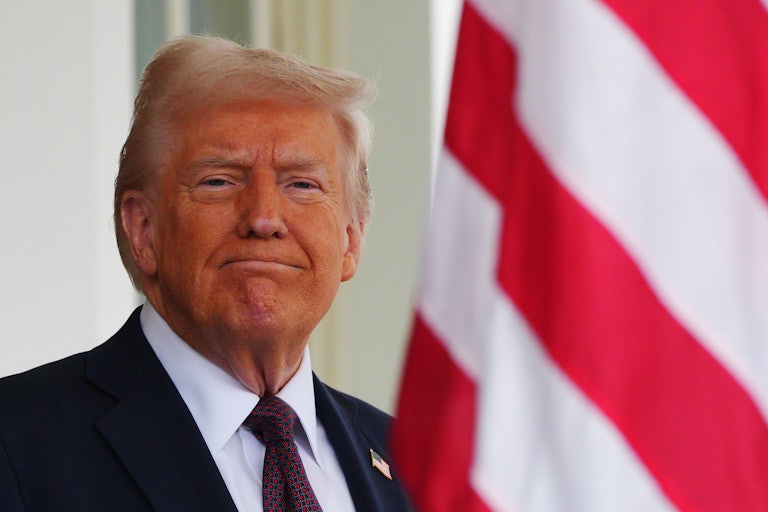 Donald Trump smiles smugly while standing outside the White House (barely pictured).