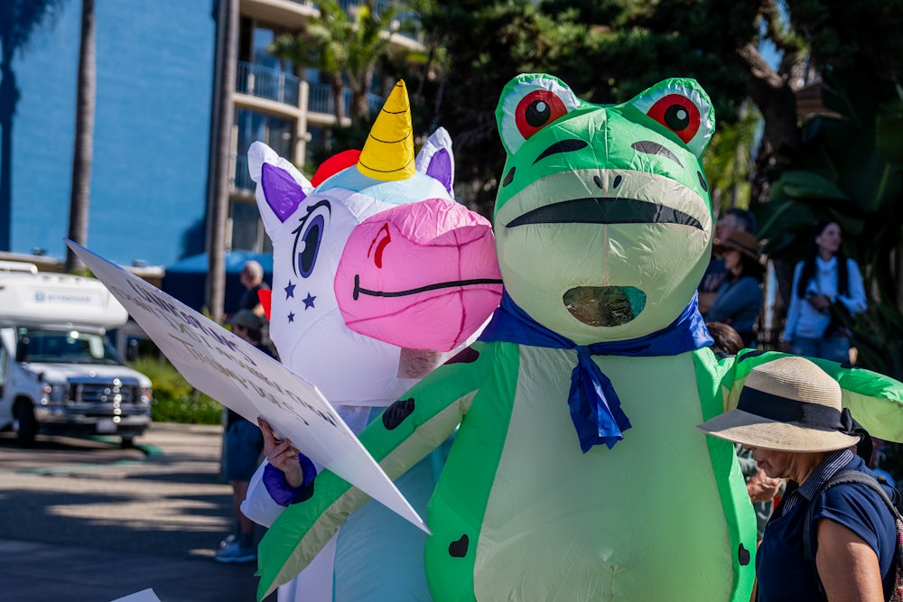 Protesters dressed in inflatable unicorn and frog costumes hold a placard during the nationwide “No Kings” demonstrations.