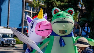 Protesters dressed in inflatable unicorn and frog costumes hold a placard during the nationwide “No Kings” demonstrations.