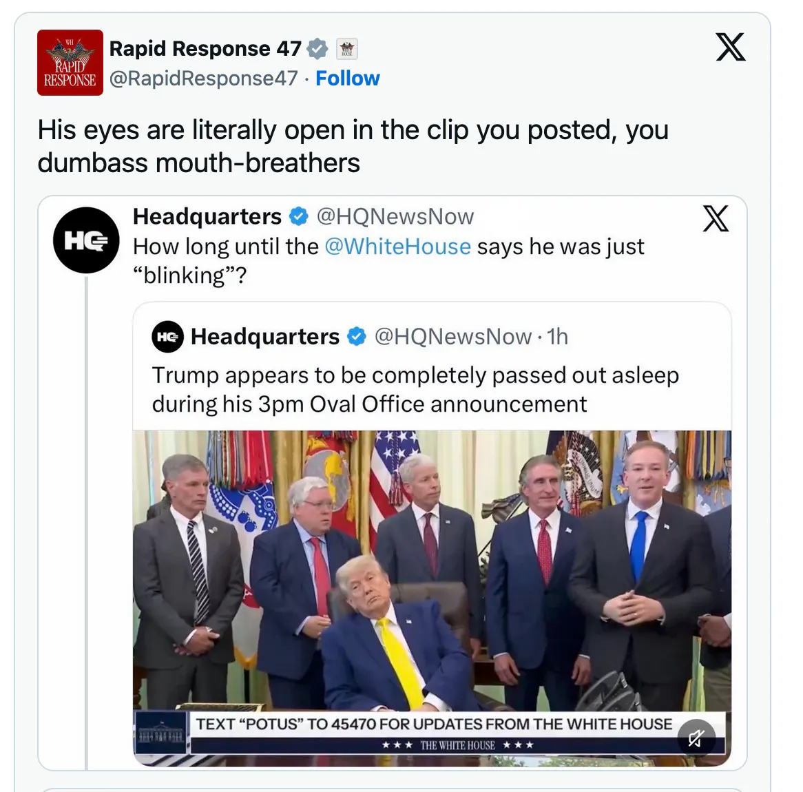 X screenshot Rapid Response 47
@RapidResponse47
His eyes are literally open in the clip you posted, you dumbass mouth-breathers