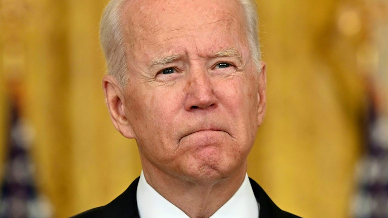 A close-up of President Joe Biden as he briefs reporters on the situation in Afghanistan.