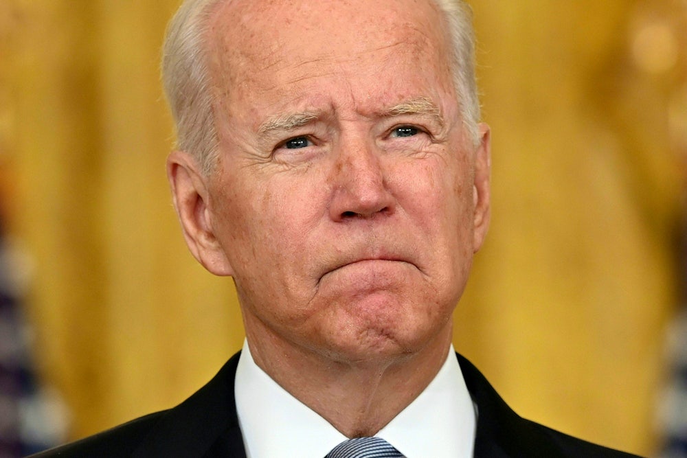 A close-up of President Joe Biden as he briefs reporters on the situation in Afghanistan.