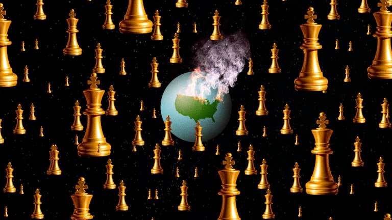 An illustration of floating gold king chess pieces on a black background