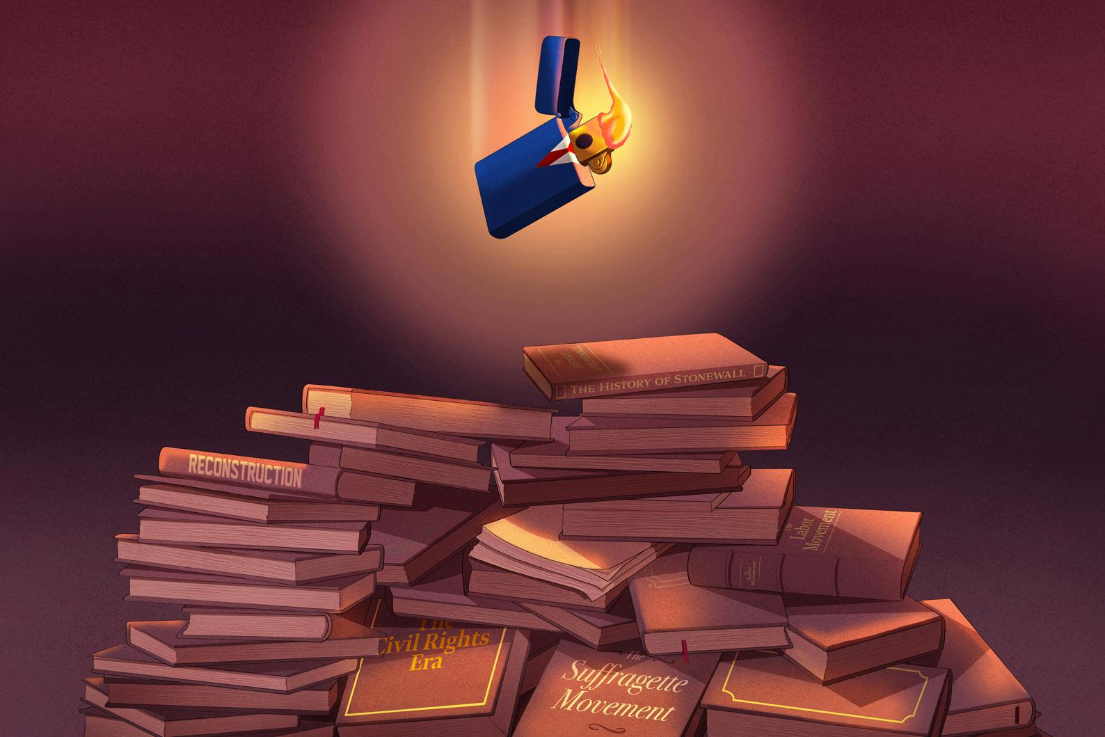 A lighter, which contains a likeness of Trump, is about to land on a stack of history books