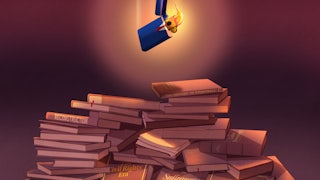 A lighter, which contains a likeness of Trump, is about to land on a stack of history books