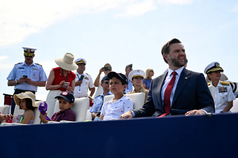 Vice President JD Vance sits with his children, Vivek, Ewan, and Mirabel, aboard the USS Kearsarge in New York Harbor on July 4.