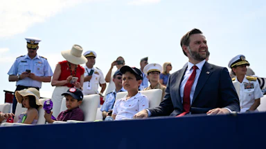 Vice President JD Vance sits with his children, (L to R) Vivek, Ewan and Mirabel,aboard the USS Kearsarge in New York Harbor on July 4 in New York City.