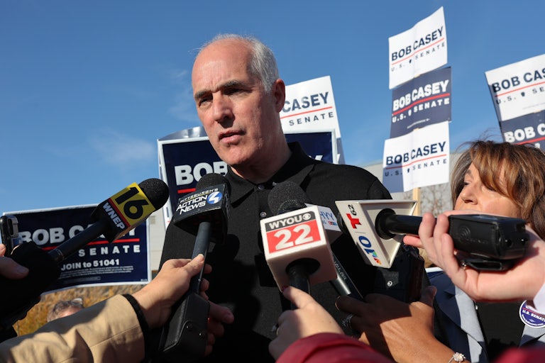 Pennsylvania Senator Bob Casey sp eaks ot the press