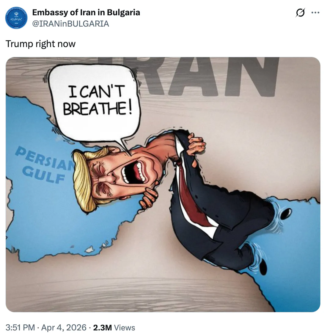 X screenshot Embassy of Iran in Bulgaria @IRANinBULGARIA Trump right now (cartoon)