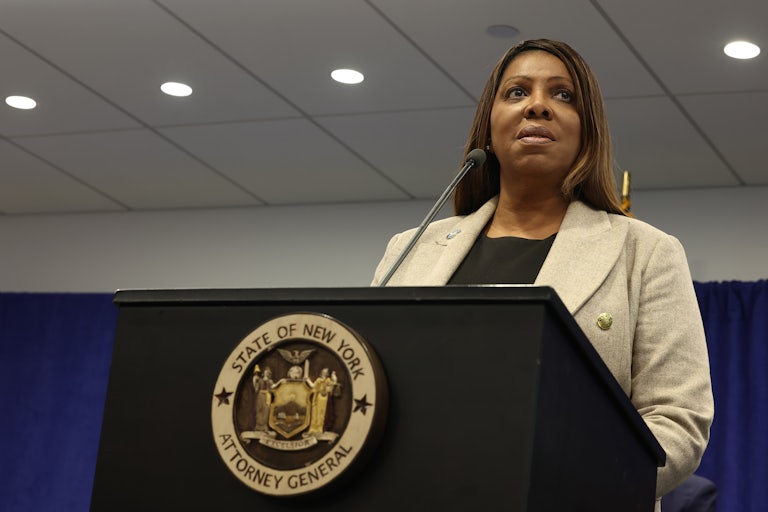 New York Attorney General Letitia James stands at a podium during a press conference