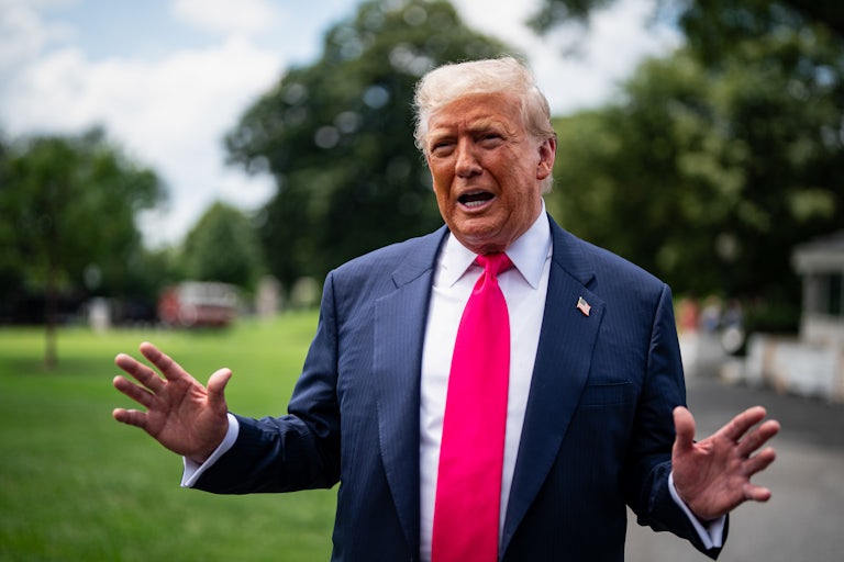 Donald Trump speaks on the White House lawn and gestures with both hands.