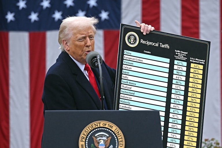 Donald Trump holds up a chart of tariffs while speaking into a microphone during a press conference in the White House Rose Garden
