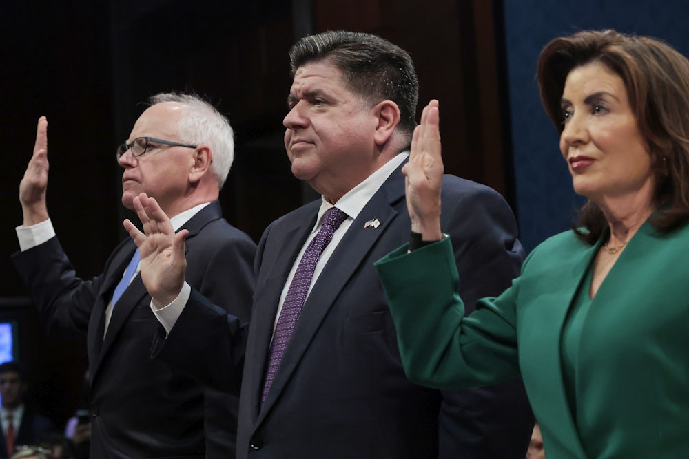 Democratic Governors Tim Walz, J.B. Pritzker, and Kathy Hochul are sworn in before the start of a hearing with the House Oversight and Accountability Committee at the U.S. Capitol.