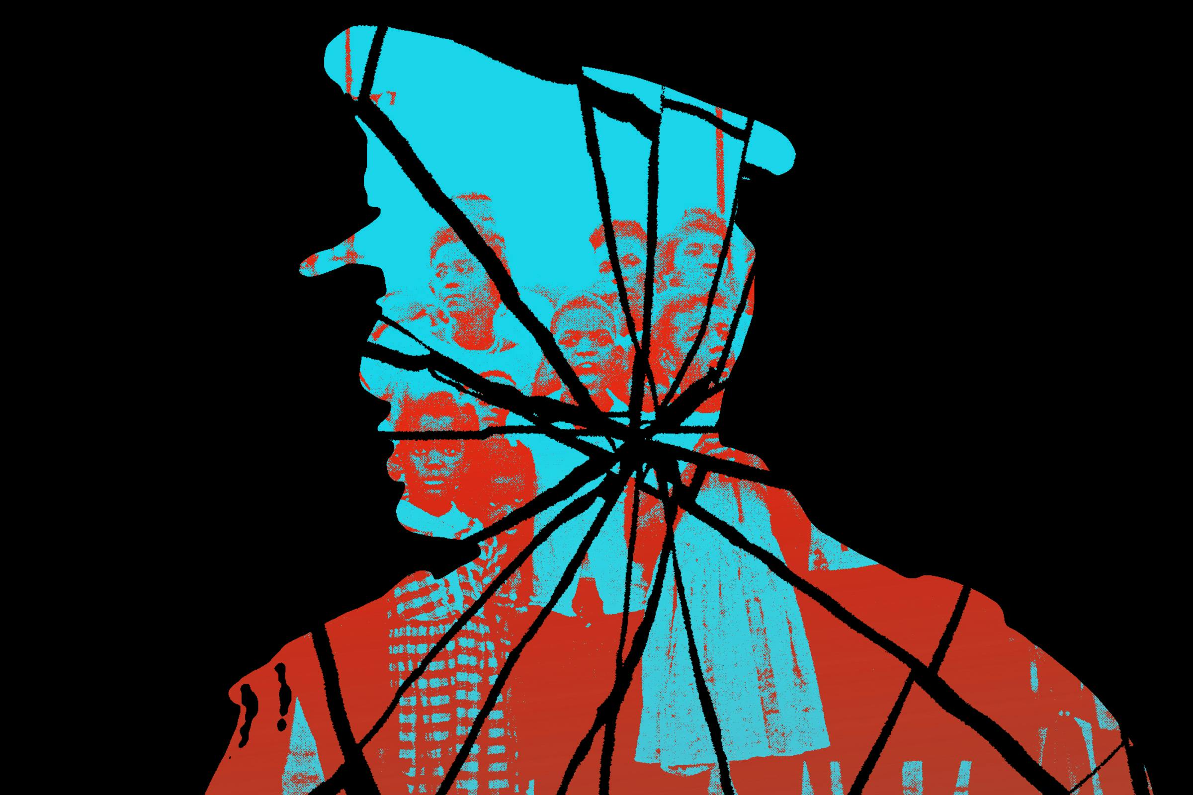 An illustration of Pinochet as a silhouette with a photo of his citizens in the background