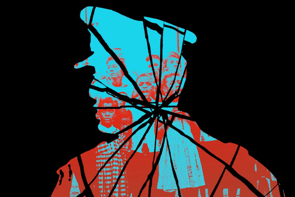 An illustration of Pinochet as a silhouette with a photo of his citizens in the background