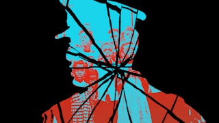 An illustration of Pinochet as a silhouette with a photo of his citizens in the background